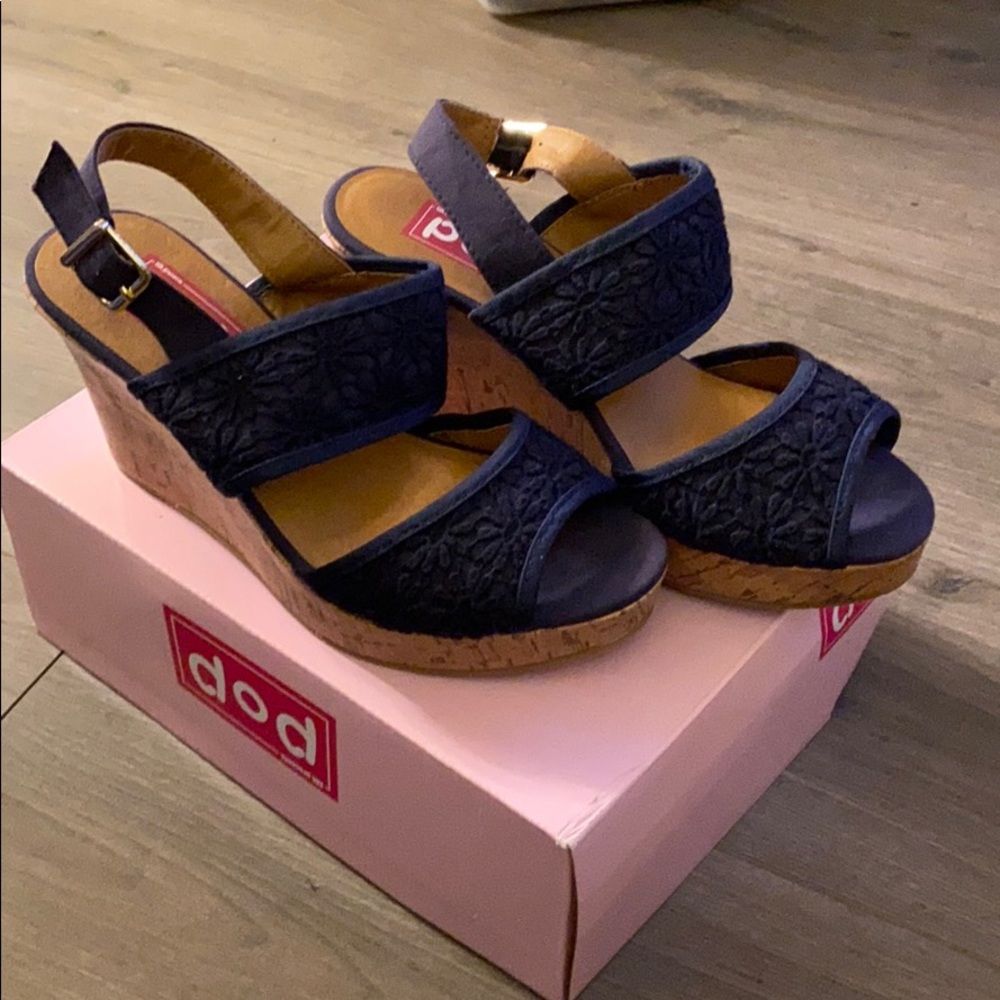 NAVY BLUE WEDGE CORK WIDE STRAP PLATFORM SANDALS